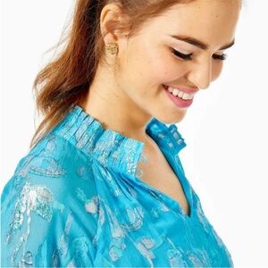 Lilly Pulitzer Galiana silk top in Ocean breeze multi floral metallic